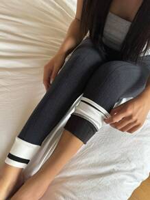 DAZY Ribbed Patchwork Slim Fit Lounge Pants, Casual Everyday Wear Pajama - Dark Grey - View 1