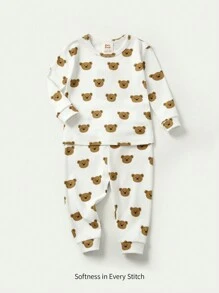 Cozy Pixies 2 件装男婴熊图案针织柔软圆领长袖上衣和长裤睡衣套装 - 彩色 - 查看 1