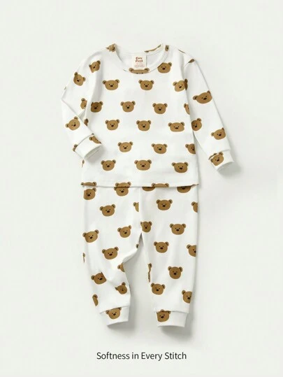 Cozy Pixies 2st Baby Boy Björn Mönster Stickad Mjuk Rund Hals Långärmad topp och långbyxor Sovkläder Pyjamasset