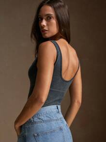 Anewsta Women's Fashionable Elegant Square Neck Knitted Vest, Sand-Washed T-Shirt Bodysuit, Autumn - Dark Grey - View 2