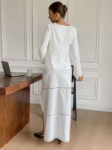 SHEIN Frenchy 2pcs Women White Simple Front Tie Hollow-Out Patchwork Long Sleeve Top & Split Hem Skirt Set,Open Placket Buttons Winter Women Tops And Winter Women Long Skirts Set,New Year Eve Dress Set,Christmas Party Dress,Winter Women Dress,Winter Two Pieces Sets,Ins Blogger Wear, Casual Everyday Wear, Commute, Minimalist, Office, Old Money - White - View 2