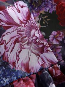 SHEIN MOD 大码复古黑色花卉印花泡泡袖荷叶边下摆中长连衣裙，优雅公主风连衣裙，生日派对连衣裙 - 彩色 - 查看 3