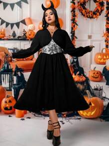 Flirla Plus Size V-Neck Long Sleeve Colorblock Design Elegant Casual Dress, Black Halloween Dress Fall Cloth For Women - Multicolor - View 4