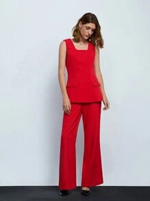 Maija 无袖双排扣时尚都市红色春夏女士套装，简约经典百搭时尚