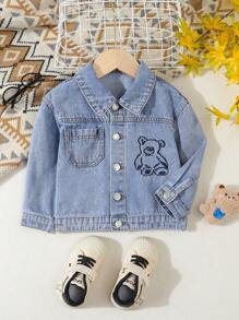 小男孩新款韩版小熊刺绣牛仔夹克 - 中等水洗藍 - 查看 1