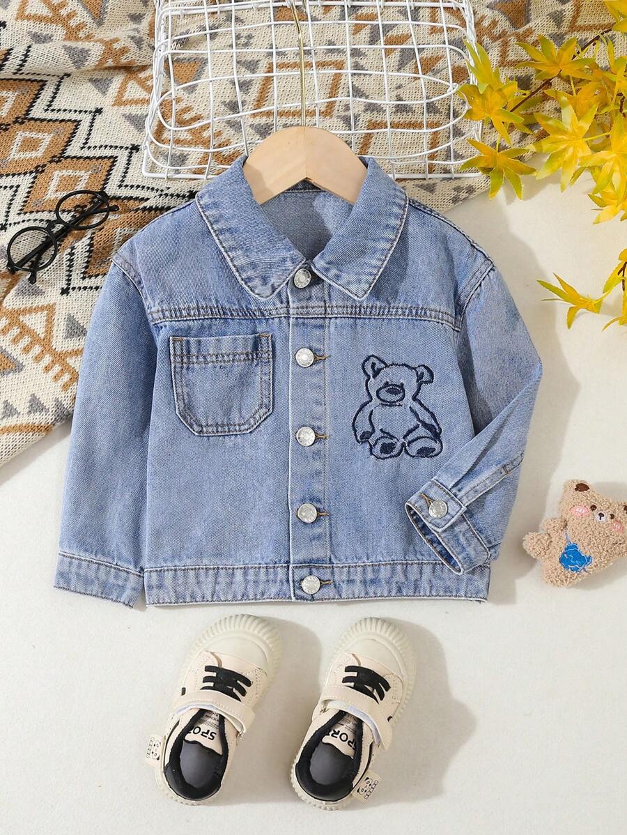 小男孩新款韩版小熊刺绣牛仔夹克 - 中等水洗藍 - 查看 1