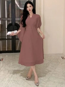 DAZY 纯色V领褶皱雪纺中长连衣裙，适合女士，生日、新年、舞会等场合，秋季长袖连衣裙，优雅女装 - 紫色 - 查看 5