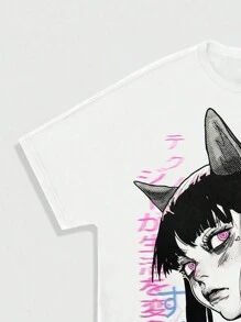 ROMWE MEN Street Life Áo thun nam cổ tròn tay ngắn in chữ và nhân vật hoạt hình, mùa hè - trắng - Xem 3