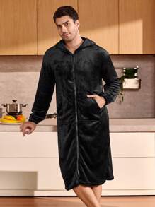 Manfinity Underwear&Sleepwear Basics 男士纯色拉链连帽长袖休闲家居服睡袍，带口袋，适合秋冬季节，蓬松舒适 - 黑色 - 查看 1