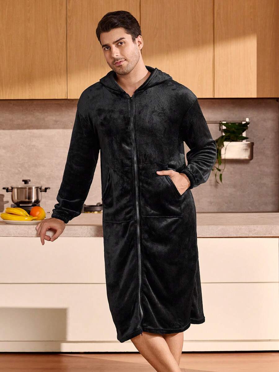 Manfinity Underwear&Sleepwear Basics 男士纯色拉链连帽长袖休闲家居服睡袍，带口袋，适合秋冬季节，蓬松舒适 - 黑色 - 查看 1