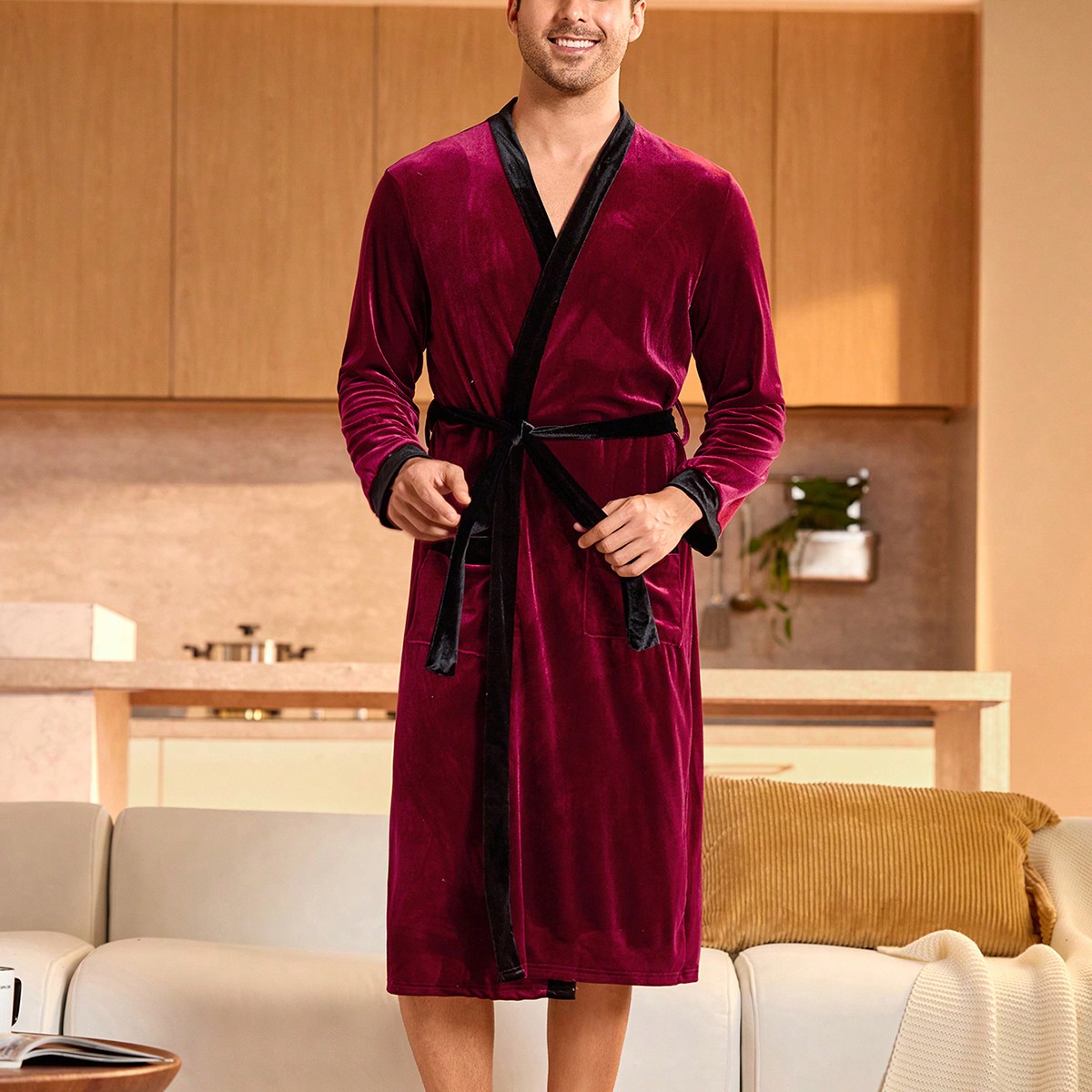 Vestaglia casual da uomo a maniche lunghe con colori a contrasto, ampia, per autunno e inverno