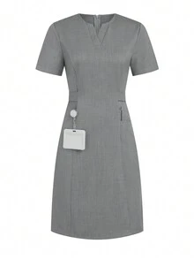 SHEIN TaskFit Áo sơ mi công sở màu trơn cổ chữ V tay ngắn cho nữ - Xám - Xem 8