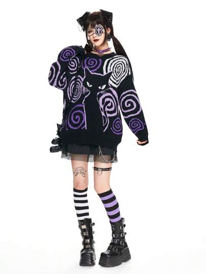 Kawaii Pull tricoté décontracté à manches longues et col rond avec graphique de chat pour femme