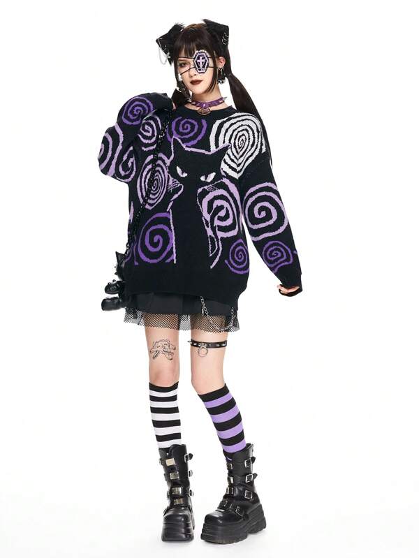 ROMWE Kawaii Suéter de punto casual con cuello redondo, manga larga y gráfico de gato para mujer