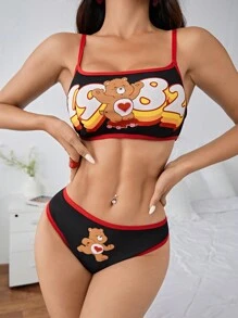 SHEIN X Care Bears Women's Contrast Trim Bear Pattern Wireless Bra And Brief Set - Black - View 7