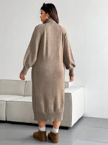 Flirla Plus Size Stylish Minimalist Button Decor Sweater Dress, For Winter - Khaki - View 2