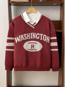 SHEIN 1 pieza Suéter cálido con estilo colegial y casual diario para adolescentes, con cuello en forma de corazón de pollo, a rayas rojas y blancas, sin patrón de tejido americano de fútbol americano. Ropa de regreso a la escuela; Atuendos de otoño; Ropa de adolescente; Chaquetas de adolescente otoño/invierno