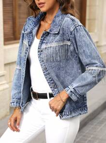 SHEIN LUNE Chaqueta de mezclilla casual de manga larga con diseño de remiendo y flecos para mujer, primavera y otoño - Azul - Ver 6