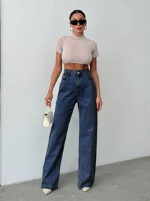 EURMUSE VAQUEROS DE PIERNA ANCHA DE CINTURA BAJA PARA MUJERES - Azul lavado oscuro - Ver 6