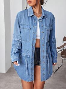 SHEIN ICON Áo khoác denim nhiều túi thường ngày mùa xuân/thu cỡ lớn - Màu xanh lam - Xem 1