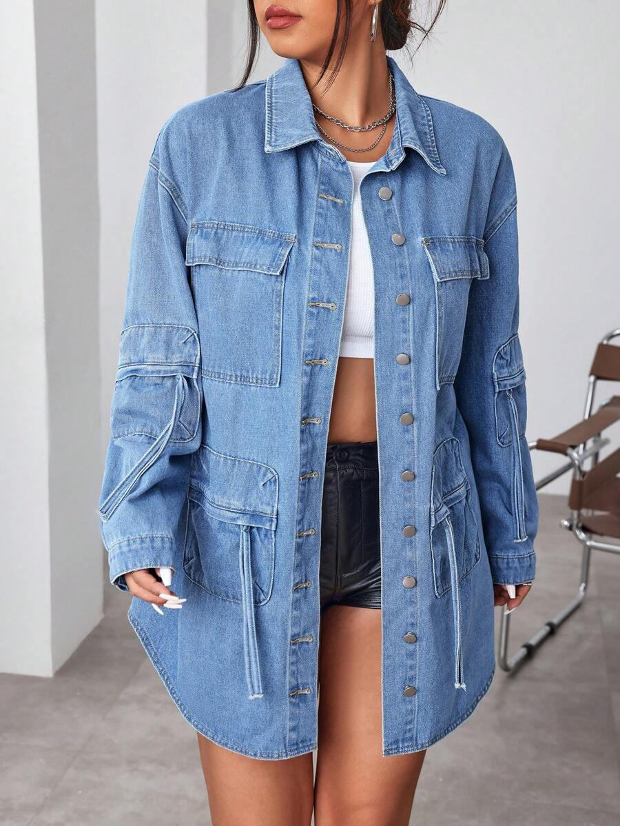 SHEIN ICON Áo khoác denim nhiều túi thường ngày mùa xuân/thu cỡ lớn - Màu xanh lam - Xem 1