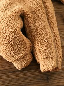 SHEIN 新生女婴可爱厚款羊羔绒连帽连体衣，卡其色卡通图案，适合秋冬季 - 棕色 - 查看 6