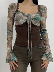 DAZY Damska bluzka w jednolitym kolorze z wiązaniem z przodu i długim rękawem, kołnierzykiem w kształcie serca, na co dzień - Wielokolorowe - Zobacz 6