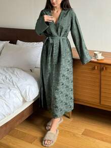 DAZY All-Over Print Long Sleeve Belted Loose Robe Pajama, Fall, Winter - Green - View 5