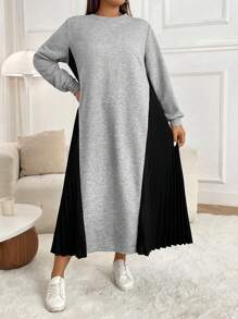 Mulvari 大码女式圆领长袖撞色拼接褶皱下摆休闲运动衫连衣裙，秋冬 - 彩色 - 查看 6