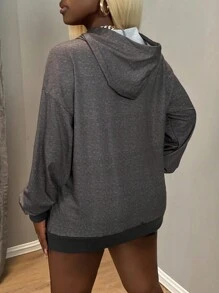 Zolique 女士长袖字母印花口袋简约水洗印花连帽套头衫秋季卫衣 - 灰色 - 查看 2