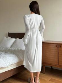 DAZY Lace Patchwork Ruffle Trim Knit Nightgown Pajama, Fall - Beige - View 2