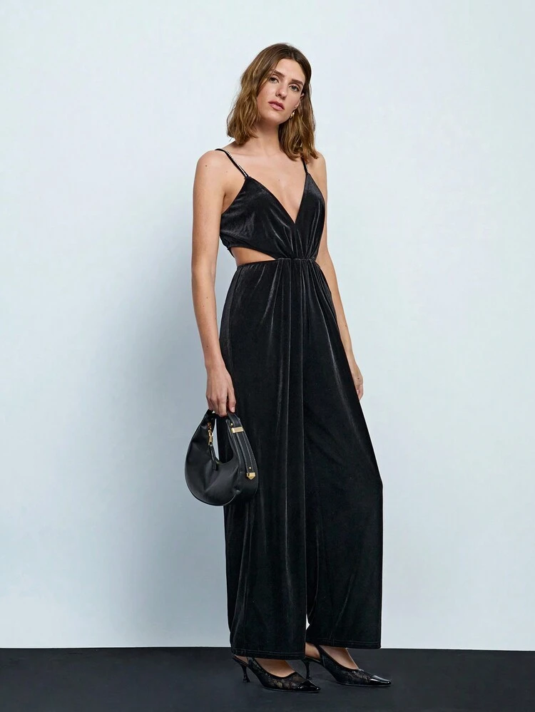 SHEIN Maija Women's Autumn Spaghetti Strap Pleated Simple Hollow Out Velvet Elegant Jumpsuit
