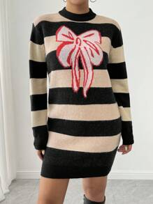 Chiquease 圆领长袖蝴蝶结条纹休闲针织连衣裙