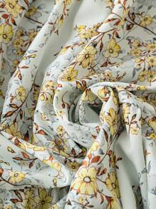 SHEIN LUNE Plus Size V-Neck Floral Print Waist Tie Dress, Graceful And Elegant - Yellow - View 5