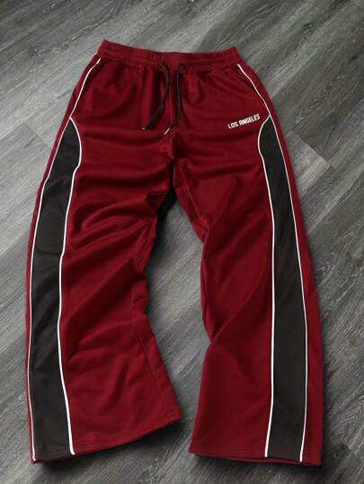 Manfinity EMRG Pantalones de chándal casuales de unicolor con parches, estampado de letras en la parte delantera, cordón y diseño holgado de bloques de color para hombres, regalo para esposo o novio, vuelta al colegio