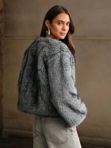 Anewsta Women Elegant Fluffy Collar Short Jacket