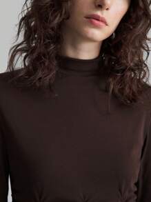 Ontre Brown Turtleneck Pleated Elegant Fitted Minimalist Stretchy Long Sleeve Cotton Dress