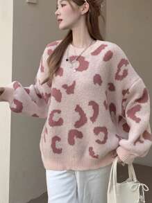 DAZY Suéter de punto con cuello redondo y estampado de leopardo, de corte holgado para mujer, ropa de mujer para otoño
