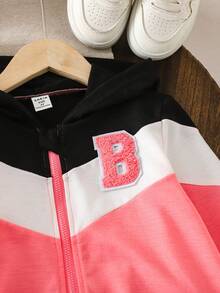 SHEIN Bộ đồ liền quần có mũ trùm đầu họa tiết khối màu tương phản cho bé gái và quần chạy bộ chắp vá, phù hợp cho mùa thu đông, thường ngày, đi học, thể thao, mặc hàng ngày, trang phục anh chị em - Màu Hồng baby - Xem 4