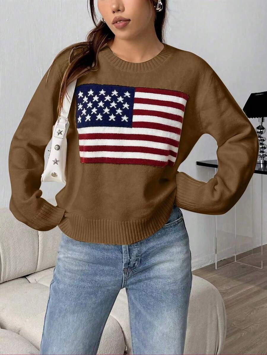 SHEIN Unity 女士圆领美国国旗图案长袖休闲针织衫,秋冬款 - 紫紅色 - 查看 1