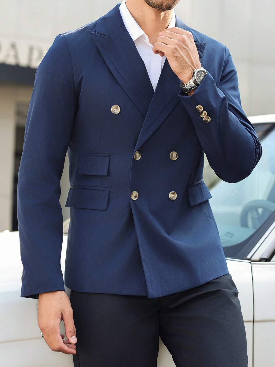 Manfinity Mode Men's Solid Color Lapel Double-Breasted Suit Jacket