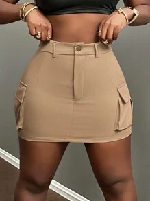 Slaydiva Váy ngắn kaki màu trơn có túi hộp, phong cách thường ngày/thời trang đường phố dành cho nữ. - Màu Khaki - Xem 6