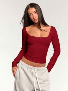 Forever 21 Women Spring & Autumn Casual Solid Color Slim Fit Cropped T-Shirt - Burgundy - View 3