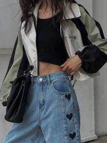 DAZY 女式撞色块正面拉链字母印花休闲夹克 - 彩色 - 查看 3