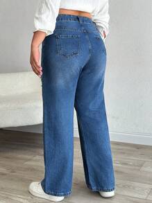SHEIN Cottnline بنطلون جينز نسائي مقاس كبير بخصر عالي وقصة مستقيمة ممزق أزرق فاتح صيفي كاجوال رسمي للخروج تقليدي - أزرق متوسط - مشاهدة 2