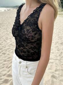 SHEIN EZwear Áo ba lỗ hở vai cổ chữ V ren đen đơn giản cho nữ - màu đen - Xem 3