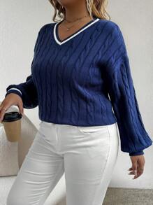 SHEIN 大码撞色拼接V领长袖简约休闲套头毛衣，适合冬季秋季穿着 - 藏蓝色 - 查看 7