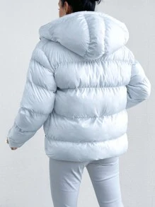 Women's Drawstring Hooded Loose Casual Jacket, Winter - White - View 2