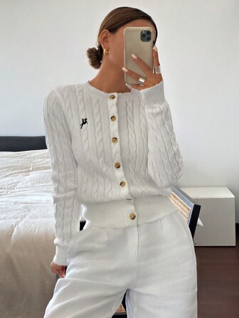 Siren Gaze 女式休闲小马标志刺绣开衫、白色上衣、纽扣式女式保暖开衫、扭纹开衫、冬季女装开衫、纯色长袖蓬松开衫、字母图案休闲毛衣、女式动物刺绣宽松长袖小马标志毛衣、小马标志刺绣粗针织 Polo 衫、优雅修身针织套头衫