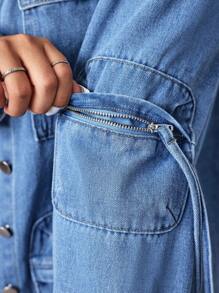 SHEIN ICON Áo khoác denim nhiều túi thường ngày mùa xuân/thu cỡ lớn - Màu xanh lam - Xem 6